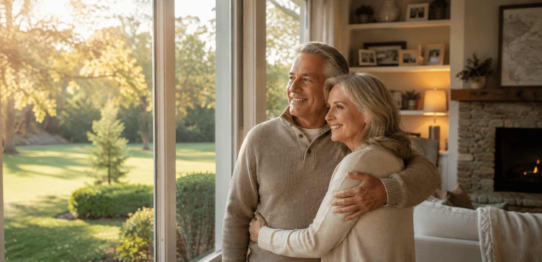 An older couple embracing and smiling in their bright, sunlit living room.